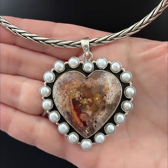 Mexican fire opal pearl mega statement heart sterling silver pendant - Picture 4 of 10